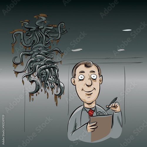 A cartoon of a strange, mutant creature dropping down from a hole in the ceiling in back of an unaware scientist.