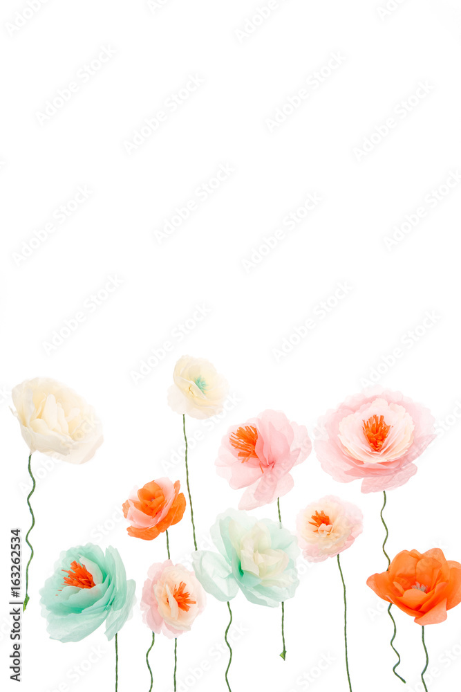 colorful decorative handmade flowers isolated on white background