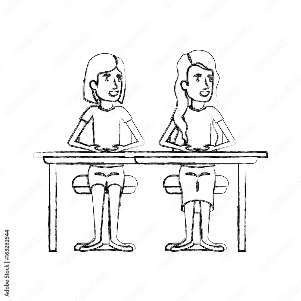 blurred silhouette couple of women sitting in desk one with short hair and the other with long wavy hair vector illustration