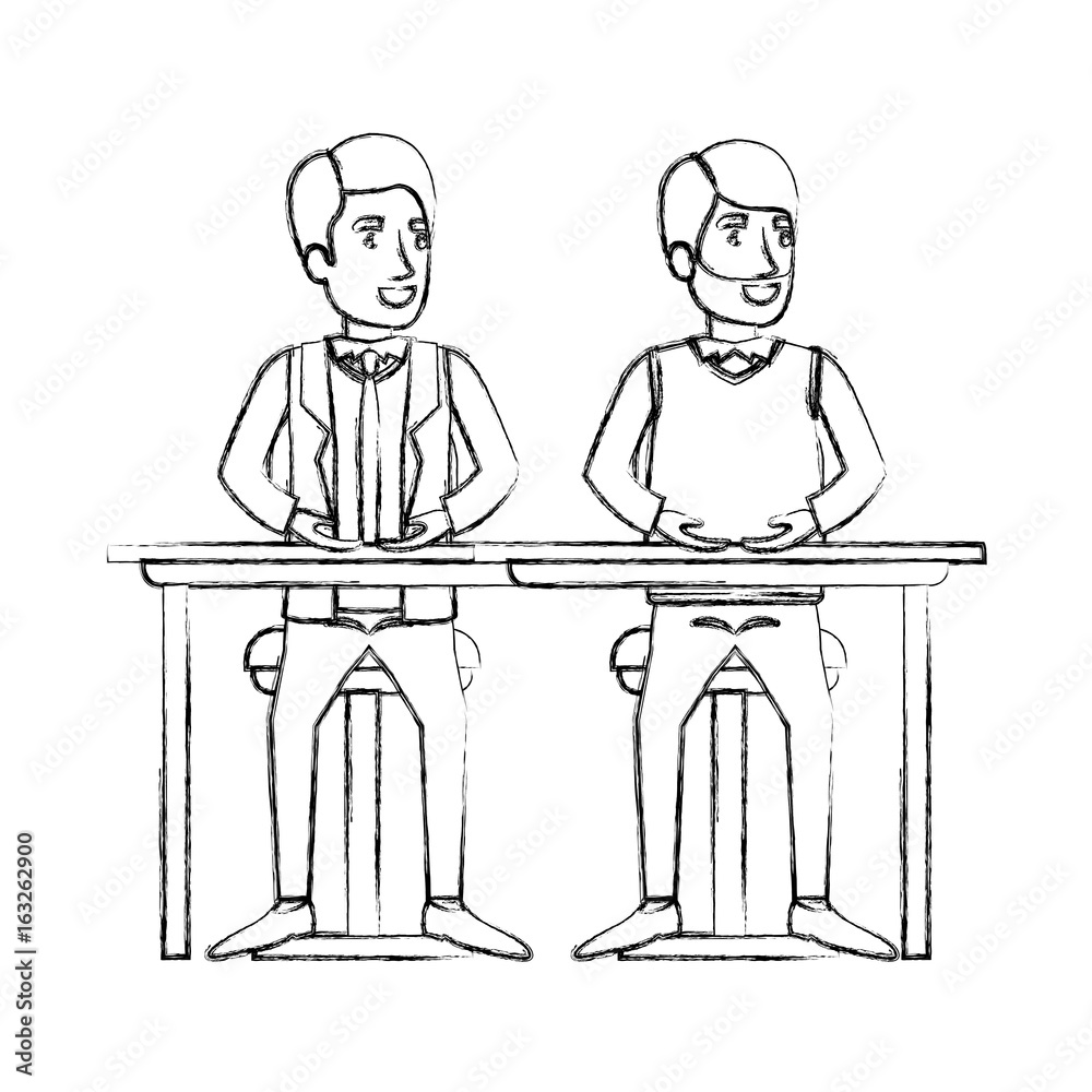 blurred silhouette men sitting in desk one with casual clothes and beard and the other with formal suit and necktie vector illustration