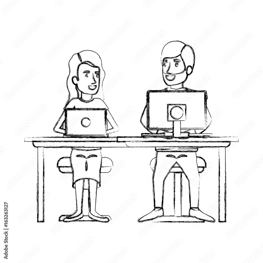 blurred silhouette teamwork of couple sitting in desk with tech device and woman with wavy long hair and bearded man in formal suit vector illustration blurred silhouette teamwork of couple sitting in desk with tech device and woman with wavy long hair and bearded man in formal suit vector illustration