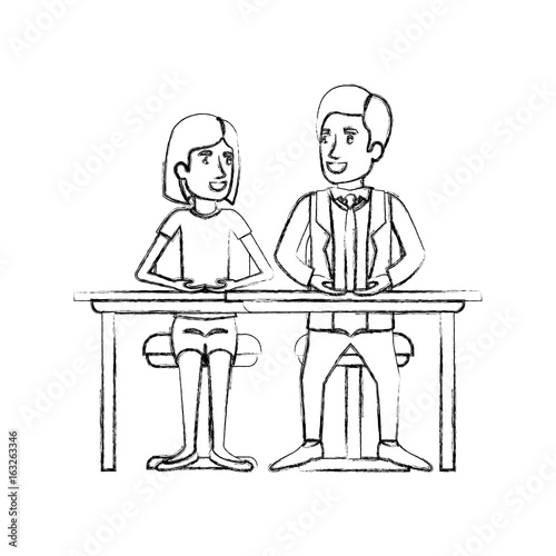 blurred silhouette teamwork of couple sitting in desk and woman with short hair and man side parted hair in formal suit vector illustration