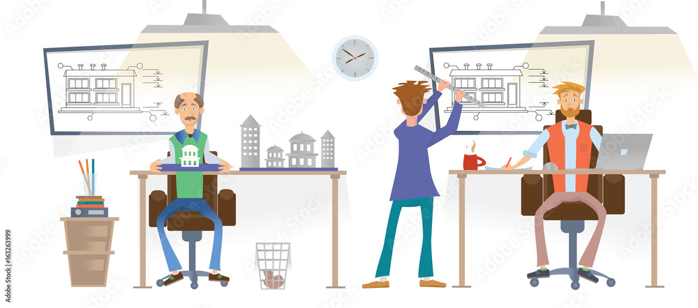 Architectural Bureau. Architects work with drawings in the office. Architectural models are on the desktops. Men in the office. Vector illustration, isolated on white background. Architectural Bureau. Architects work with drawings in the office. Architectural models are on the desktops. Men in the office. Vector illustration, isolated on white background.