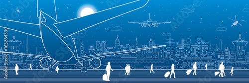 Airport scene. The plane is on the runway. Aviation transportation infrastructure. Airplane fly, people get on the plane. Night city on background, vector design art