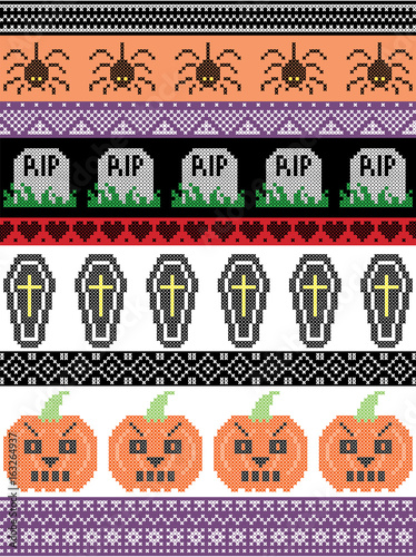 Scandinavian cross stitch and traditional American holiday  inspired seamless Halloween pattern with spider, RIP grave, coffin, pumpkin, and decorative ornaments in purple, orange, black, yellow
