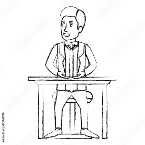 blurred silhouette of man in formal suit and hair side parted and sitting in chair in desktop vector illustration