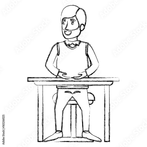 blurred silhouette of bearded man in formal suit and hair side parted and sitting in chair in desktop vector illustration
