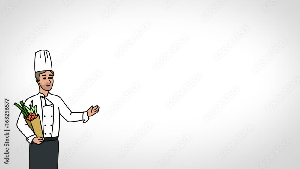 Animated Character Chef or Cook stands in the foreground and says, smooth contour, white background Animated Character Chef or Cook stands in the foreground and says, smooth contour, white background