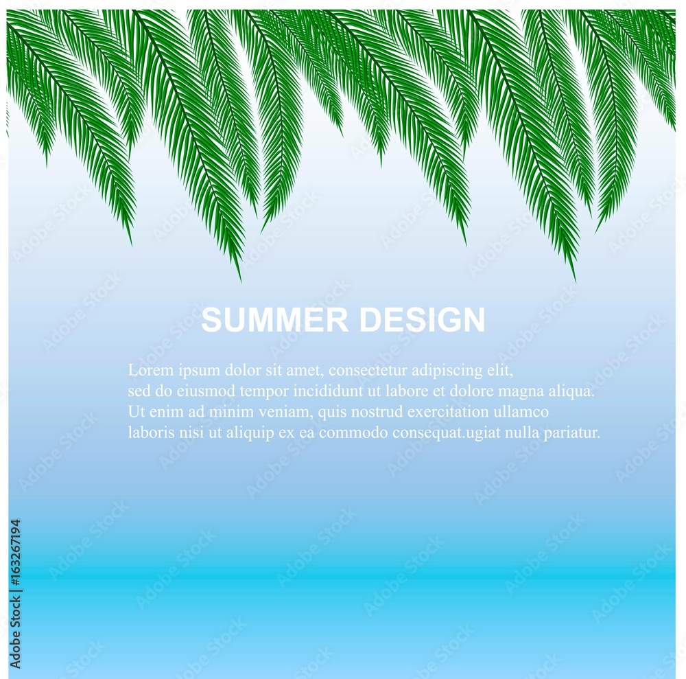 Obraz premium Summer seamless design background with green palm leaves on blue, Lorem Ipsum stock vector illustration
