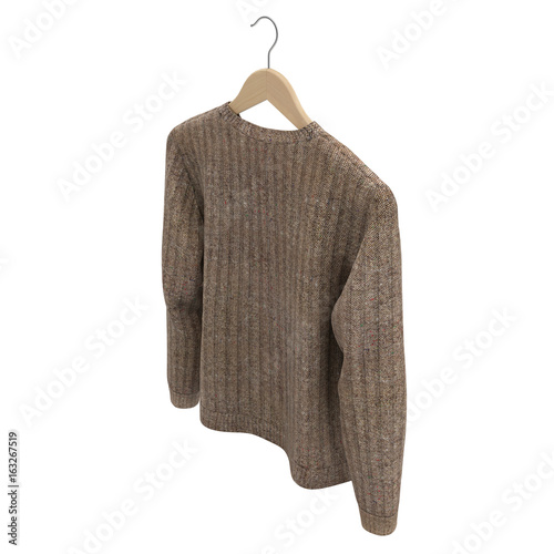 Sweatshirt hanging on wooden hanger isolated on white background. 3D illustration, clipping path