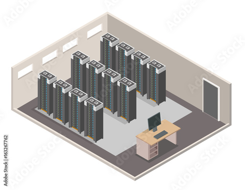 Data center Isometric Vector Illustration a server computer room. Technology communication background.