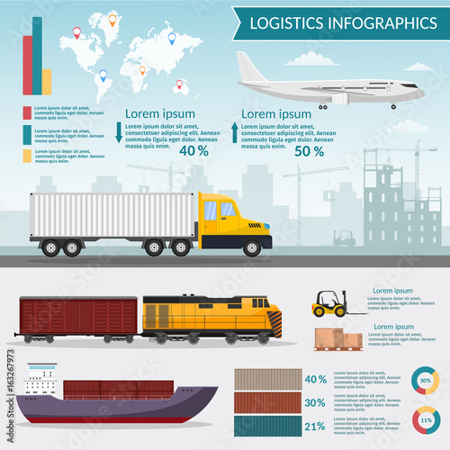 Logistics infographic elements and transportation concept vector web banners of train, cargo ship, Air export cargo trucking Freight Storage goods © borodatch