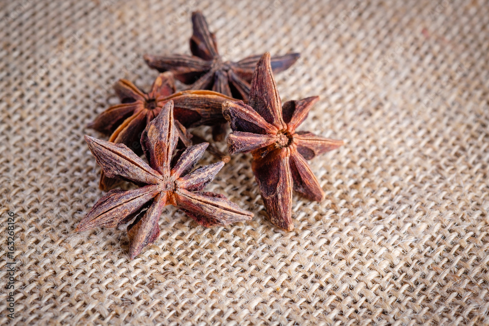 Star anise on rustic sack