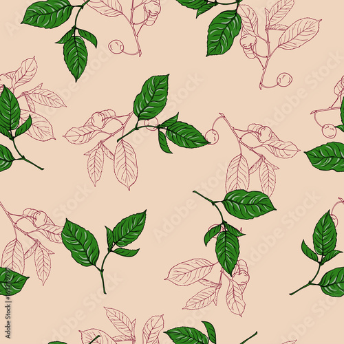 Seamless pattern with cherry berries and leaves on beige background. Hand drawn vector illustration.