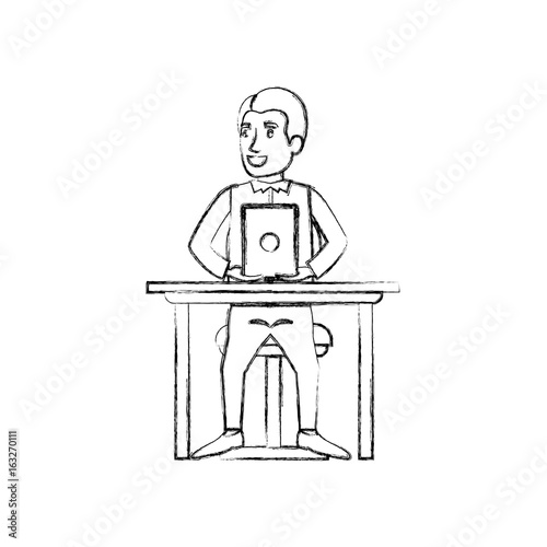 blurred silhouette of man with formal suit and side parted hair and sitting in chair in desk in tablet vector illustration