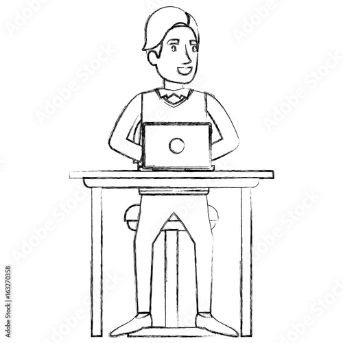 blurred silhouette of man with formal suit and side fringe hair and sitting in chair in desk in laptop device vector illustration