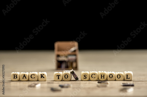 Back to school with wooden blocks. Tine bookcase and scattered books all around