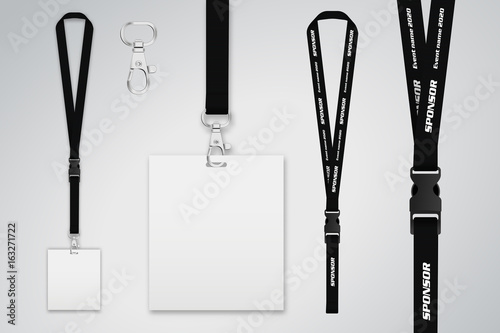 Set of lanyard and badge. Template for presentation of their design. Realistic vector illustration.