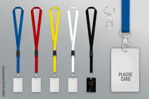 Set of lanyard and badge. Template for presentation of their design. Realistic vector illustration..