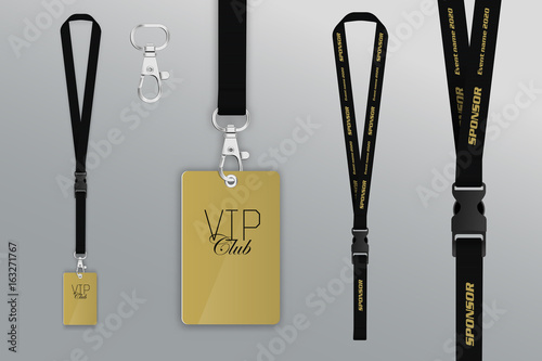 Set of lanyard and badge. Design example vip pass. Template vector illustration.