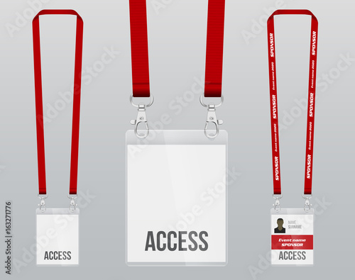 Set of lanyard and badge. Template for presentation of their design. Realistic vector illustration.