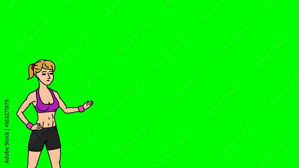 Animated Character Sportswoman or Athlete stands in the foreground and says, smooth contour, green screen Animated Character Sportswoman or Athlete stands in the foreground and says, smooth contour, green screen