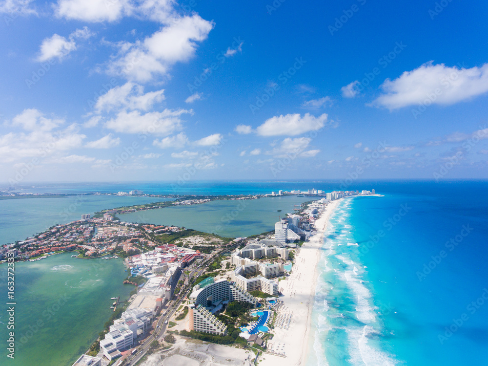 Drone View of Cancun Mexico- Beautiful daytime view of water and land