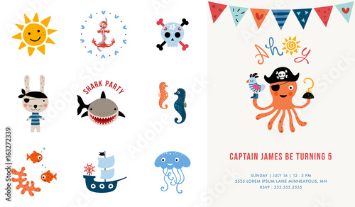 Pirate Birthday Invitation. Vector illustration.