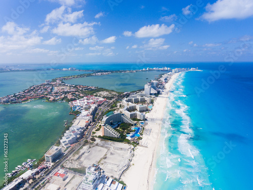 Drone View of Cancun Mexico- Beautiful daytime view of water and land photo