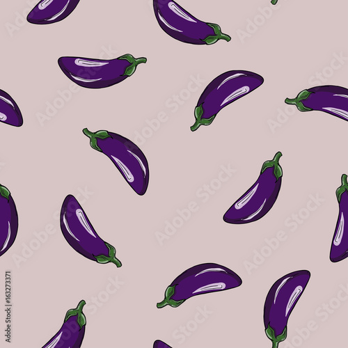 Seamless pattern with violet eggplants on pastel lilac background. Hand drawn vector illustration.