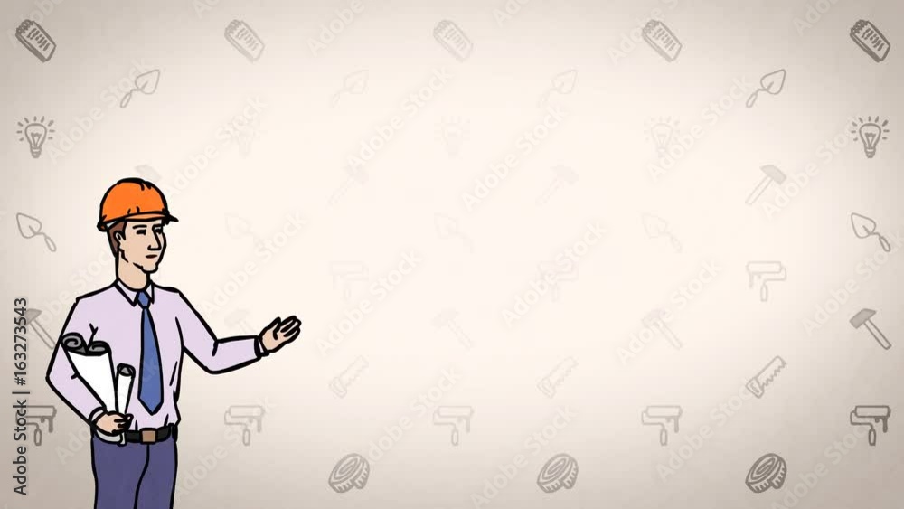 Animated Character Builder or Architect stands in the foreground and says, curve contour, orange background Animated Character Builder or Architect stands in the foreground and says, curve contour, orange background
