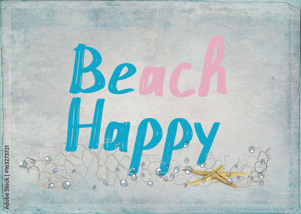 Obraz plażowy szczęśliwy tekst z rozgwiazdą i bąbelkami w morskiej sieci na teksturowanym tle