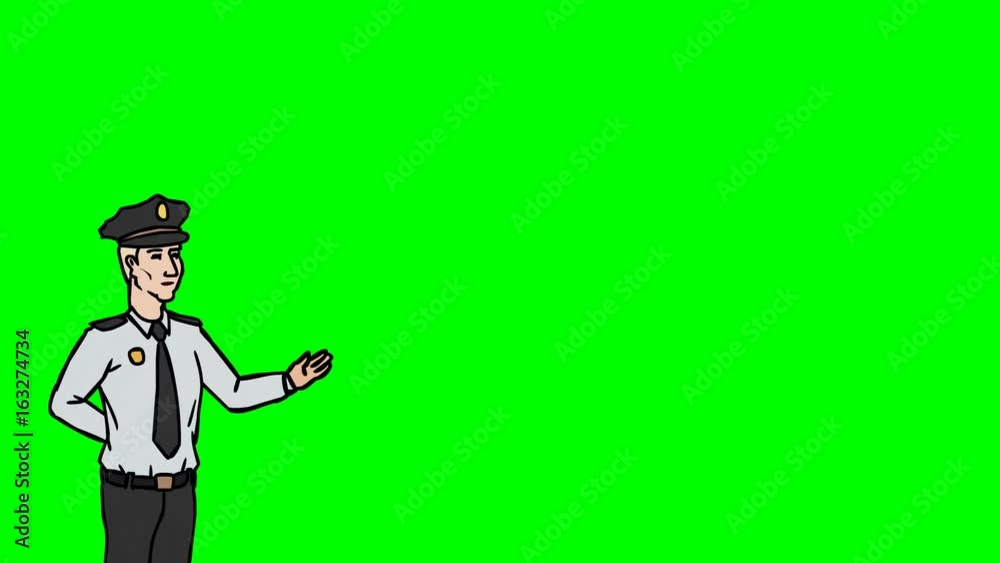 Animated Character Guard or Watchman stands in the foreground and says, curve contour, green screen Animated Character Guard or Watchman stands in the foreground and says, curve contour, green screen