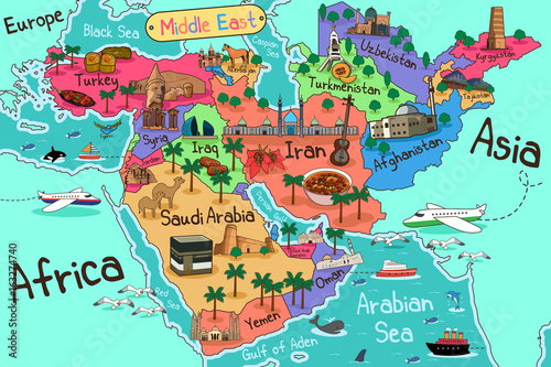 Middle East Countries Map in Cartoon Style