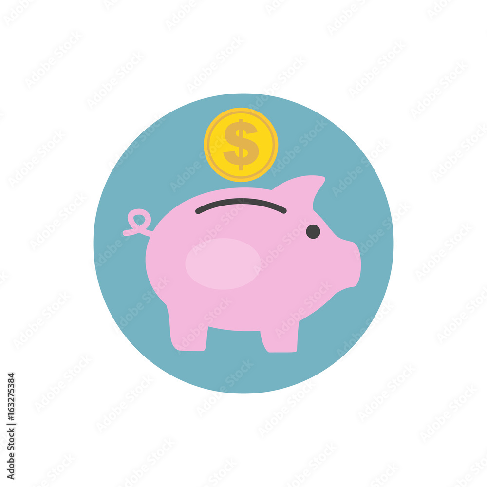 Money box pig with coin inserting in it. Flat style icon. Vector illustration