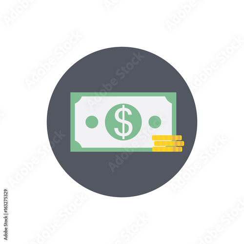 Dollar banknote and pile of coins. Flat style icon. Vector illustration