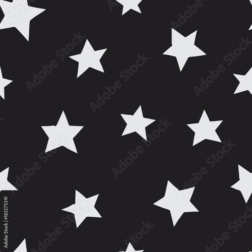 White stars seamless pattern on black background. Texture for print, textile, t-shirt, fabric, wallpaper, card , poster, home decor, packaging, and wrapping paper.