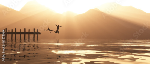 Young couple jumping