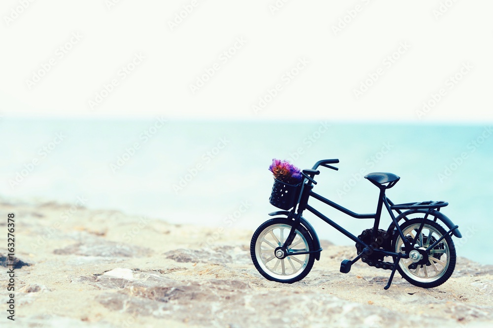 Miniature bicycle on the beach background 