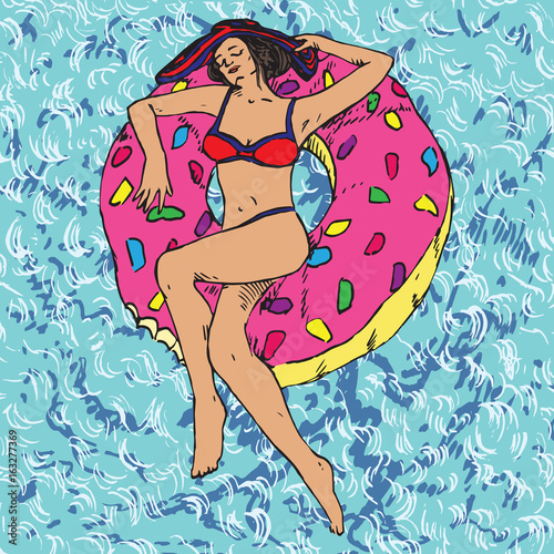 Portrait of sexy girl in striped hat and bikini sunbathing on pink donut inflatable ring, blue clean water waves background, hand drawn doodle, sketch in pop art style, color vector illustration