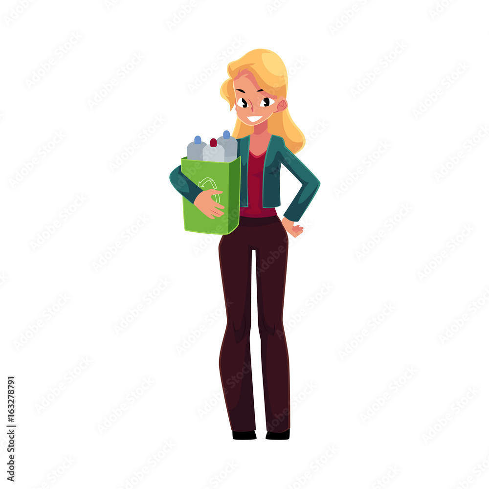Young woman holding box with plastic bottles, garbage recycling concept, cartoon vector illustration isolated on white background. Full length portrait of woman with trash bin full of plastic bottles Young woman holding box with plastic bottles, garbage recycling concept, cartoon vector illustration isolated on white background. Full length portrait of woman with trash bin full of plastic bottles