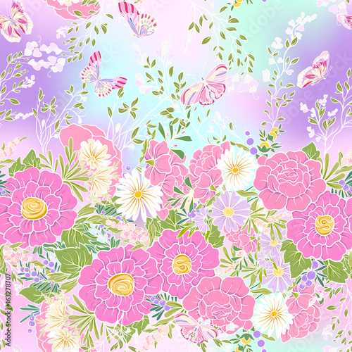 Floral seamless pattern with butterflies Stock vector illustration. In vanilla pastel colors