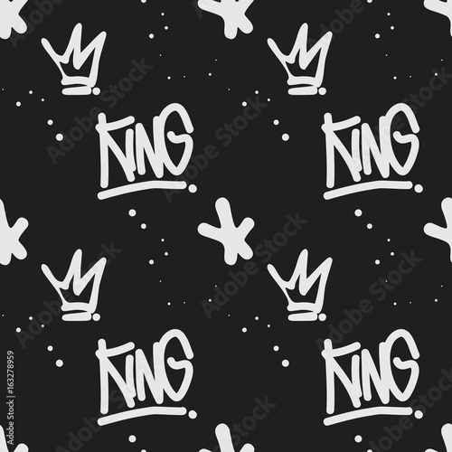 Graffiti style seamless pattern with text 'King'. Handwritten calligraphy texture for print, textile, t-shirt, fabric, wallpaper, card , poster, home decor, packaging, and wrapping paper.