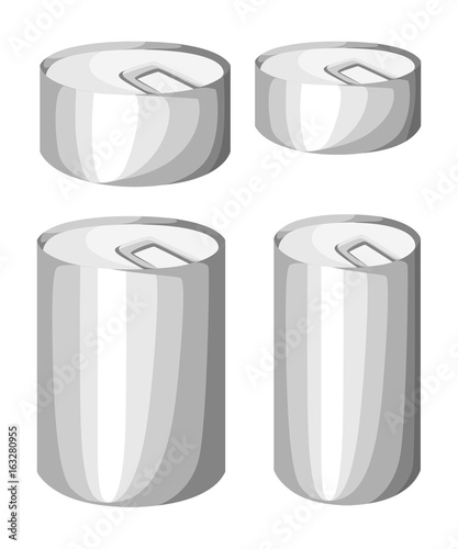 Collection of various tins canned goods food metal container grocery store and product storage aluminum flat label canned conserve illustration. Web site page and mobile app design vector element.