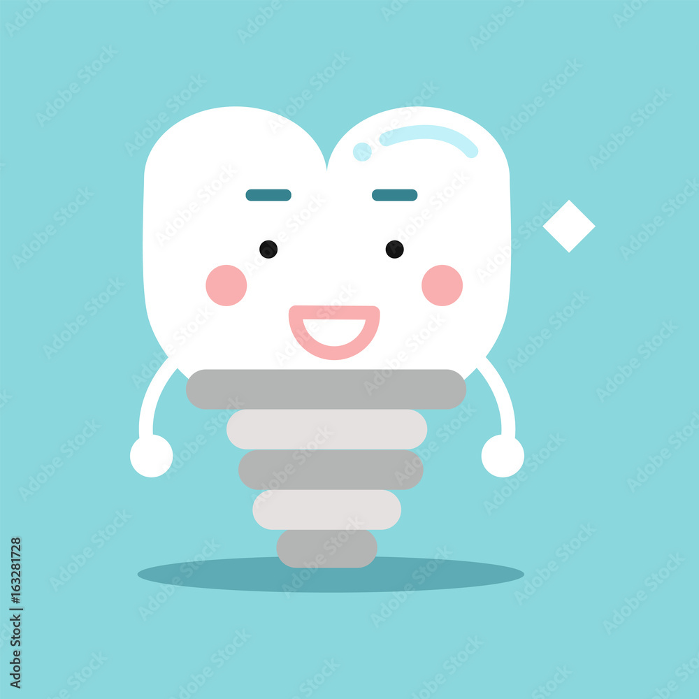 Happy healthy cartoon tooth implant character, dental vector Illustration for kids
