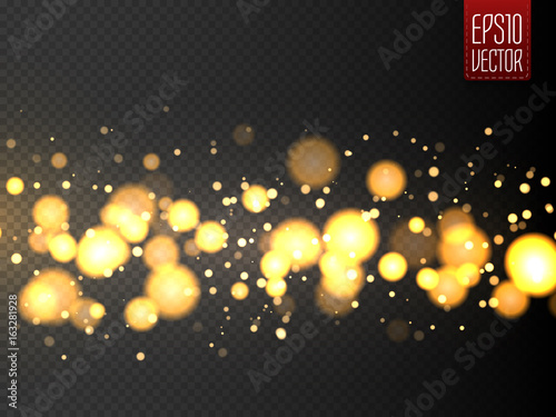 Golden bokeh lights with glowing particles isolated. Vector Christmas concept