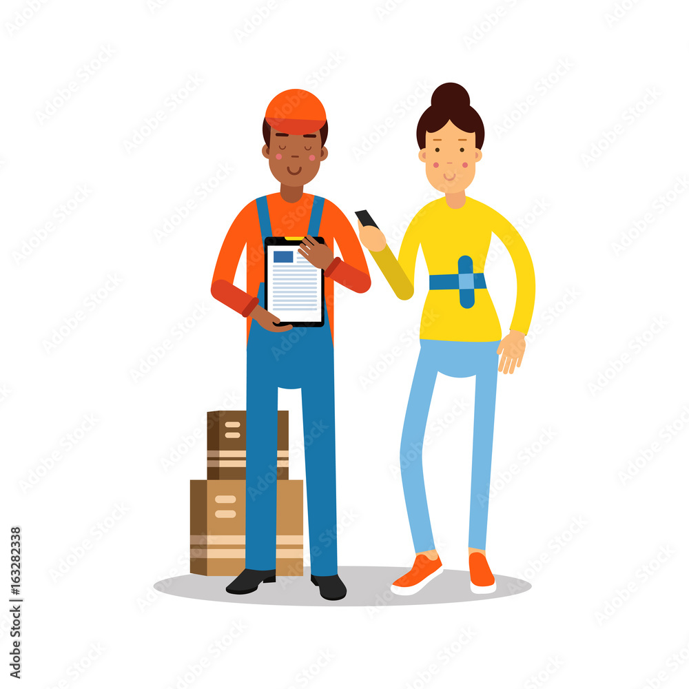 Delivery man handing over a parcel to customer cartoon characters vector Illustration Delivery man handing over a parcel to customer cartoon characters vector Illustration