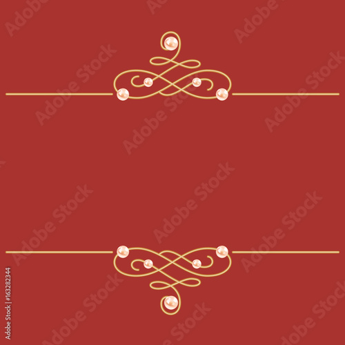 Elegant golden knot sign. Burgundy red illustration, calligraphic flourish dividers with pearls. Vector