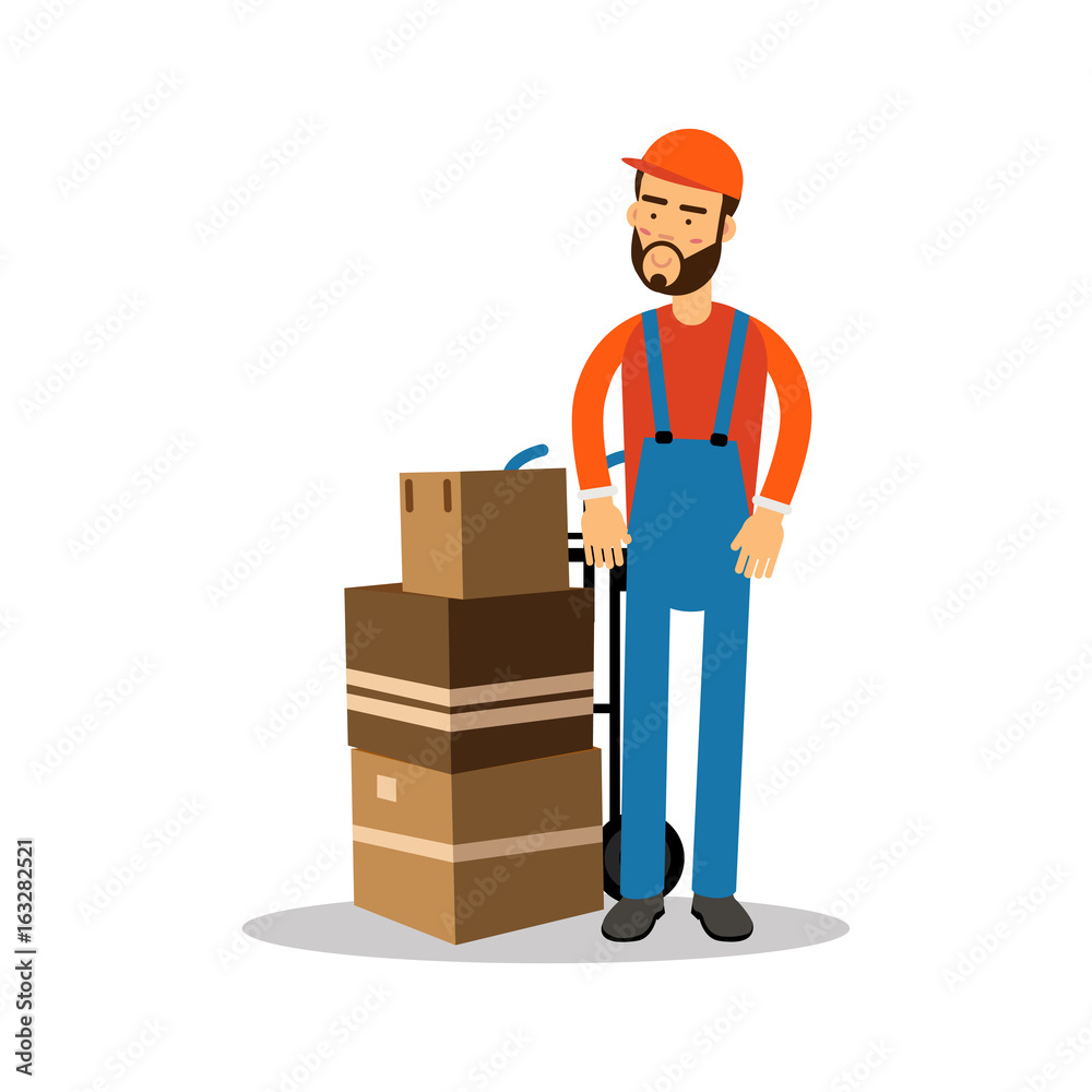 Delivery man with cardboard boxes on a trolley, courier in uniform at work cartoon character vector Illustration Delivery man with cardboard boxes on a trolley, courier in uniform at work cartoon character vector Illustration