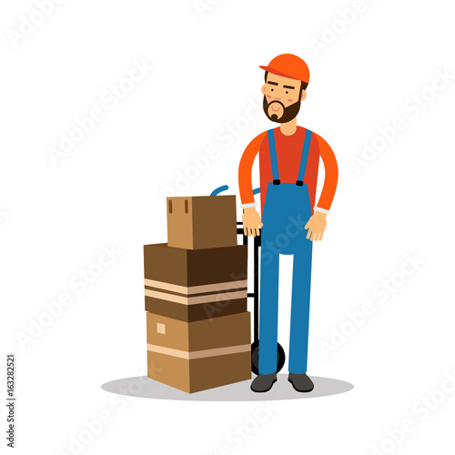Delivery man with cardboard boxes on a trolley, courier in uniform at work cartoon character vector Illustration